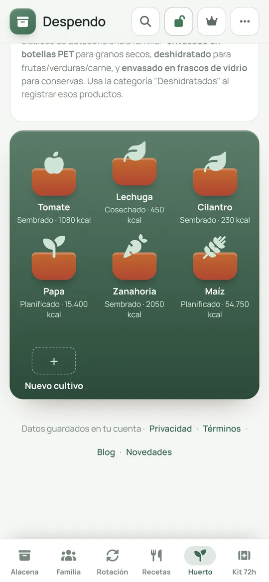 Huerto con cultivos sembrados y planificados en Despendo