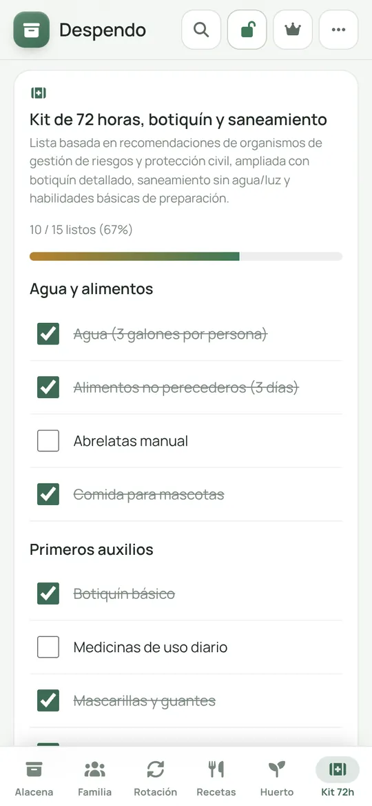 Checklist del kit de emergencia de 72 horas en Despendo